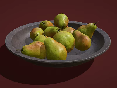 Fresh Ripe Pears Arranged In Dark Gray Ceramic Plate On Maroon Background 3d model