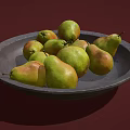 Fresh Ripe Pears Arranged In Dark Gray Ceramic Plate On Maroon Background