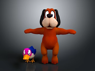 Large Orange Dog Stuffed Toy With Arms Outstretched And Small Colorful Duck Plush 3d model