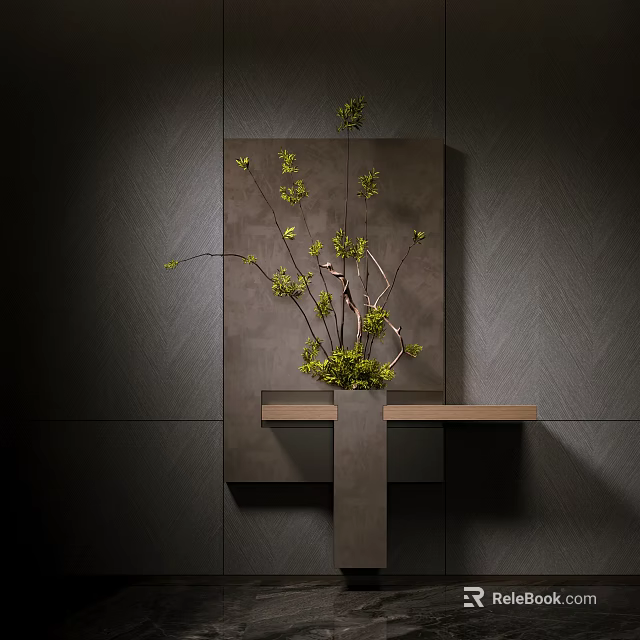 Modern Dark Gray Textured Wall Decor With Green Branches And Wooden Shelf 3d model 