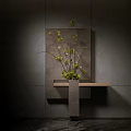 Modern Dark Gray Textured Wall Decor With Green Branches And Wooden Shelf