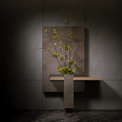 Modern Dark Gray Textured Wall Decor With Green Branches And Wooden Shelf 3d model