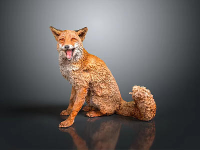 Realistic Orange Fox Sculpture Sitting With Open Mouth And Furry Texture 3d model
