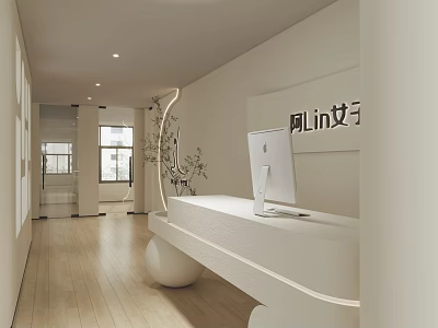 Bright Modern Reception Desk Interior With White Counter Computer Logo And Decorative Plant 3d model