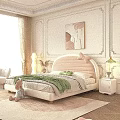 Double Bed with Pink Curved Headboard Bow Detail Green Blanket White Nightstand Lamp Beige Curtains