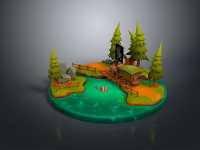 3D Model Bridge Scene With Pine Trees Green Water And Small Island Landscape 3d model