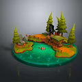 3D Model Bridge Scene With Pine Trees Green Water And Small Island Landscape