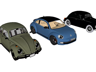Three Classic Volkswagen Beetle Cars In Green Blue And Black Colors 3d model