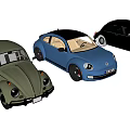 Three Classic Volkswagen Beetle Cars In Green Blue And Black Colors
