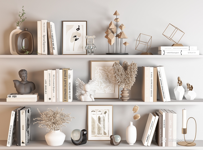Stylish Decorative Ornaments Set on Shelf With Books Framed Art Figurines Vases And Dried Plants 3d model 