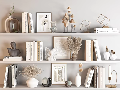 Stylish Decorative Ornaments Set on Shelf With Books Framed Art Figurines Vases And Dried Plants 3d model