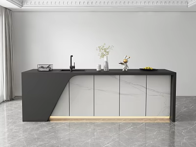 Modern Kitchen Interior With Black Countertop Island Marble Cabinets And Decorative Items 3d model