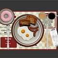 Delicious Breakfast Spread With Donut Toast Fried Eggs Sausages Orange Juice Coffee And Newspaper Mat