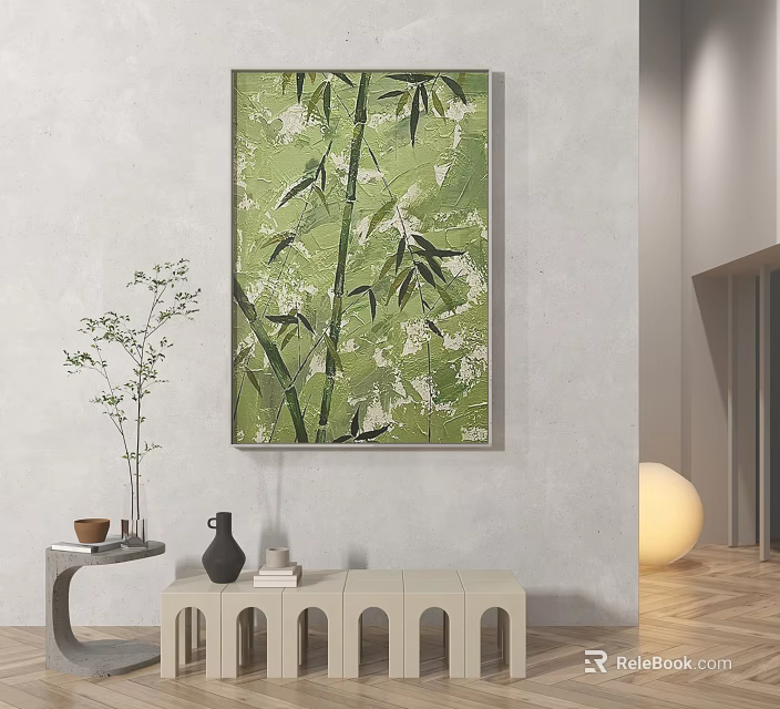 Green Background Bamboo Leaves Plant Painting Modern Interior Wall Art Decor 3d model 