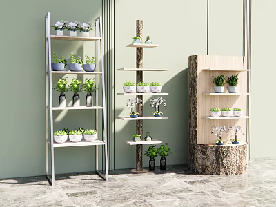 Decorative Garden Ornaments With Multi tiered Metal Wooden Tree Trunk Stands And Small Potted Plants 3d model