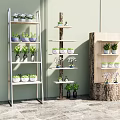 Decorative Garden Ornaments With Multi tiered Metal Wooden Tree Trunk Stands And Small Potted Plants