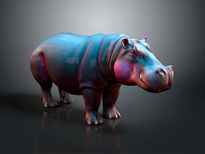 Realistic Hippopotamus 3D Model With Vibrant Blue And Red Hues On Dark Background 3d model