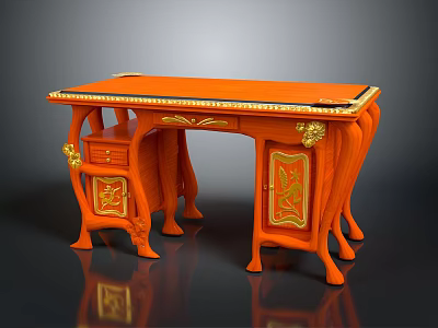 Orange Wooden Table With Golden Ornamental Carvings And Decorative Leg Design 3d model