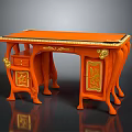 Orange Wooden Table With Golden Ornamental Carvings And Decorative Leg Design