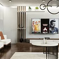 Modern Living Room Interior With White Sofa Brown Cushions Black Coffee Table And Decorative Paintings