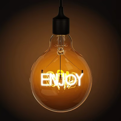 Spherical Bulb Chandelier with ENJOY Illuminated Lettering and Warm Yellow Glow 3d model