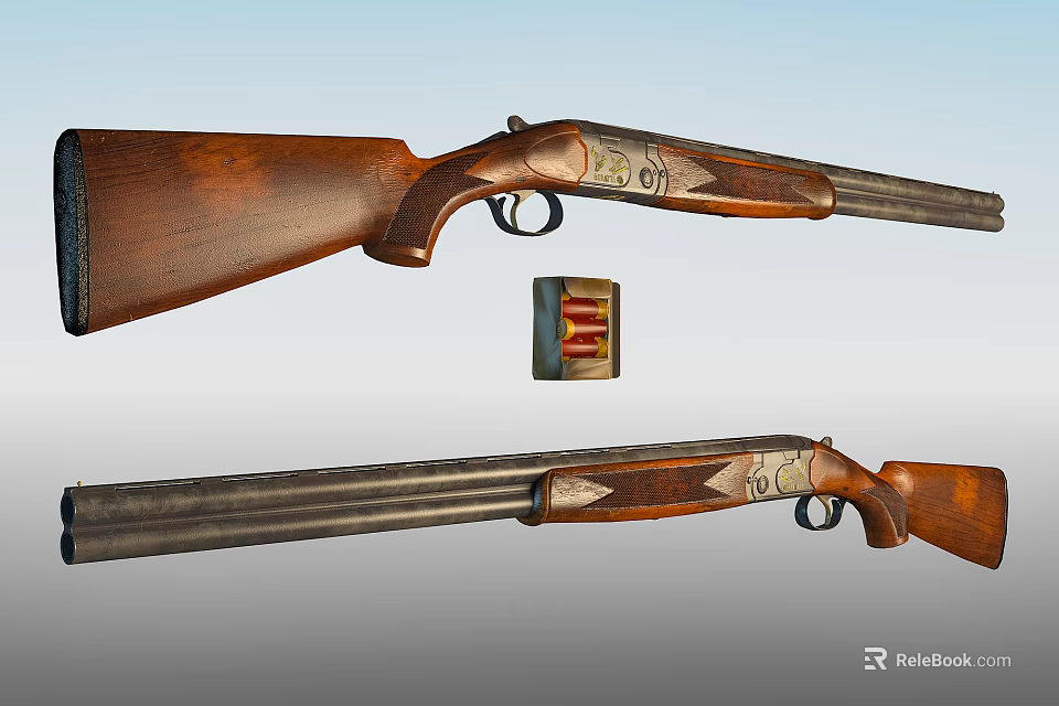 Vintage Shotgun With Wooden Stock Metal Barrel Engraved Patterns And Ammunition 3d model 