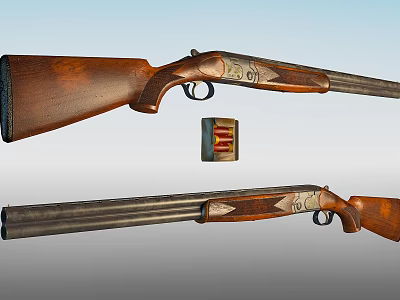 Vintage Shotgun With Wooden Stock Metal Barrel Engraved Patterns And Ammunition 3d model