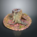Tree Stump With Green And Pink Moss And Exposed Roots On Natural Ground