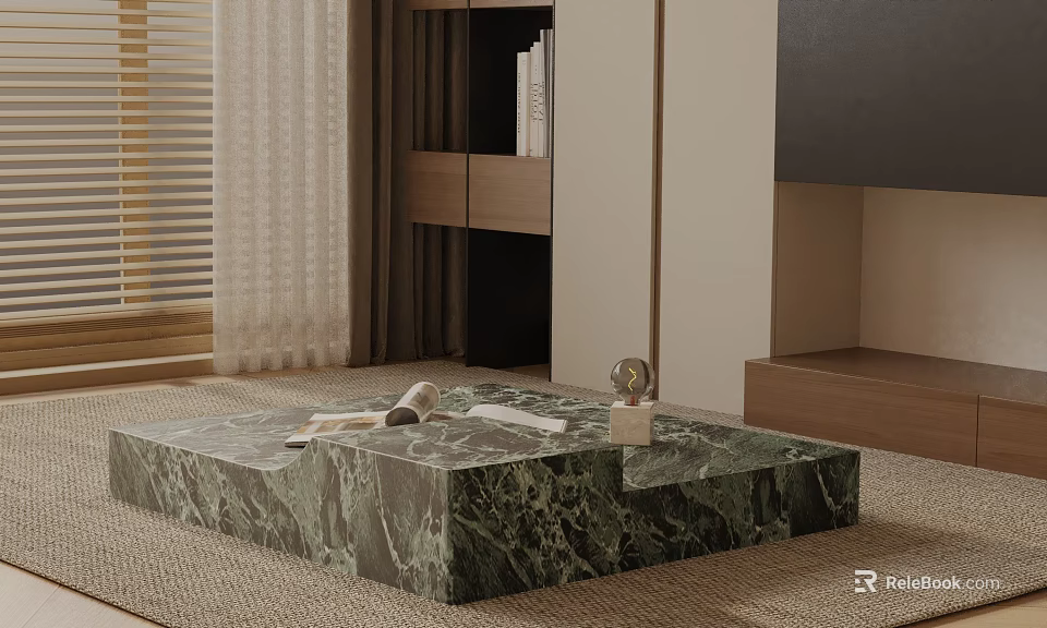 Modern Luxury Sofa and Coffee Table Set with Marble Top TV Cabinet and Bookshelf Rug 3d model 