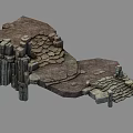 Stone and Wood Platform with Paved Steps and Natural Rock Features 3d model