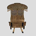 Vintage Wooden Carriage Featuring Decorative Roof Beams Spoked Wheels And Ornate Panels