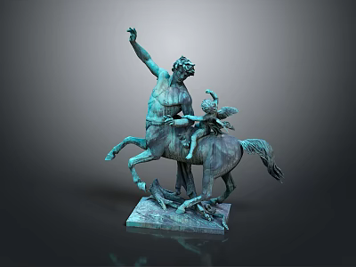 Bronze Horseman Sculpture With Raised Arm And Angel Figure On Square Base 3d model