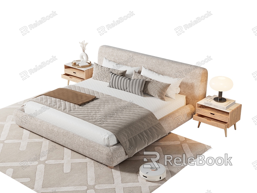 Simple Double Bed Soft Bed Cream Style Double Bed Bedside Table Carpet Table Lamp Decoration model