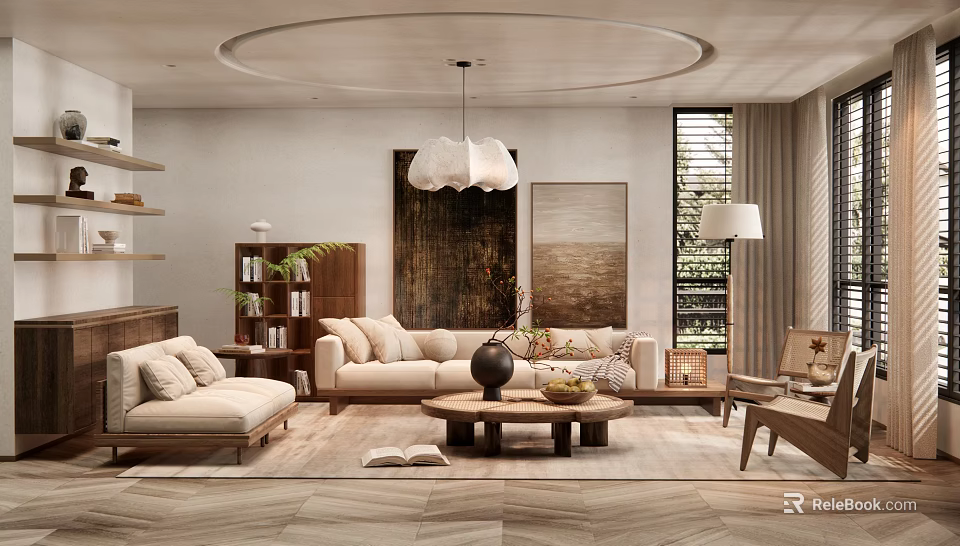 Cozy Modern Living Room Interior With Beige Sofa Wooden Coffee Table And Decorative Paintings 3d model 