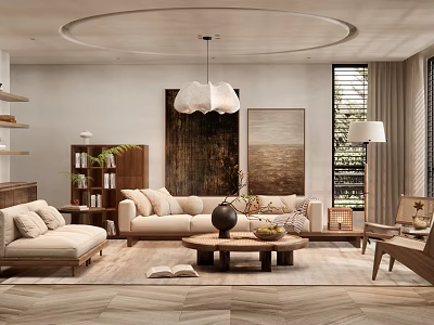 Cozy Modern Living Room Interior With Beige Sofa Wooden Coffee Table And Decorative Paintings 3d model