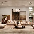 Cozy Modern Living Room Interior With Beige Sofa Wooden Coffee Table And Decorative Paintings