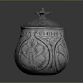 Silver Decorative Storage Jar With Ornate Carved Patterns And Bird Shaped Lid Handle