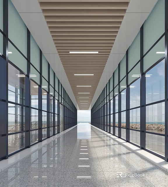 Spacious Modern Elevator Hallway With Glass Walls Long Corridor And Sleek Ceiling Design 3d model 