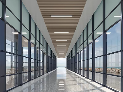Spacious Modern Elevator Hallway With Glass Walls Long Corridor And Sleek Ceiling Design 3d model