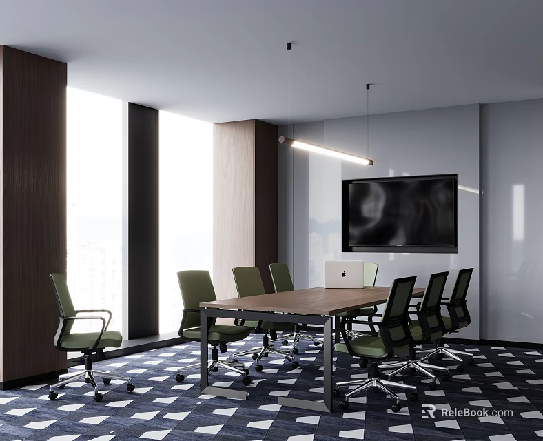 Modern Meeting Room With Wooden Conference Table Green Chairs Hanging Lights And TV Screen 3d model 