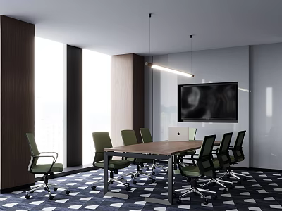 Modern Meeting Room With Wooden Conference Table Green Chairs Hanging Lights And TV Screen 3d model