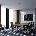 Modern Meeting Room With Wooden Conference Table Green Chairs Hanging Lights And TV Screen