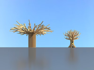Large and Small Tree Shaped Pillars Against Blue Sky and Grey Reflective Surface 3d model