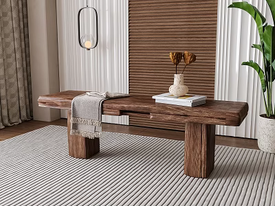 Wooden Bench With Blanket Books And Vase In Modern Interior With Rug And Plant 3d model