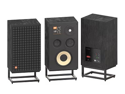 Black Modern Audio Speakers with Grid Pattern Panels Round Drivers and Textured Surface Design 3d model