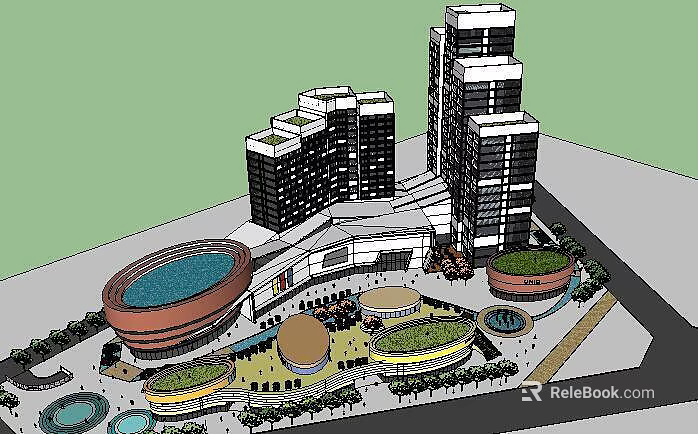 Modern Commercial Complex With High Rise Buildings Circular Plazas And Greenery 3d model 