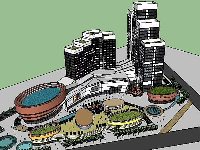 Modern Commercial Complex With High Rise Buildings Circular Plazas And Greenery 3d model