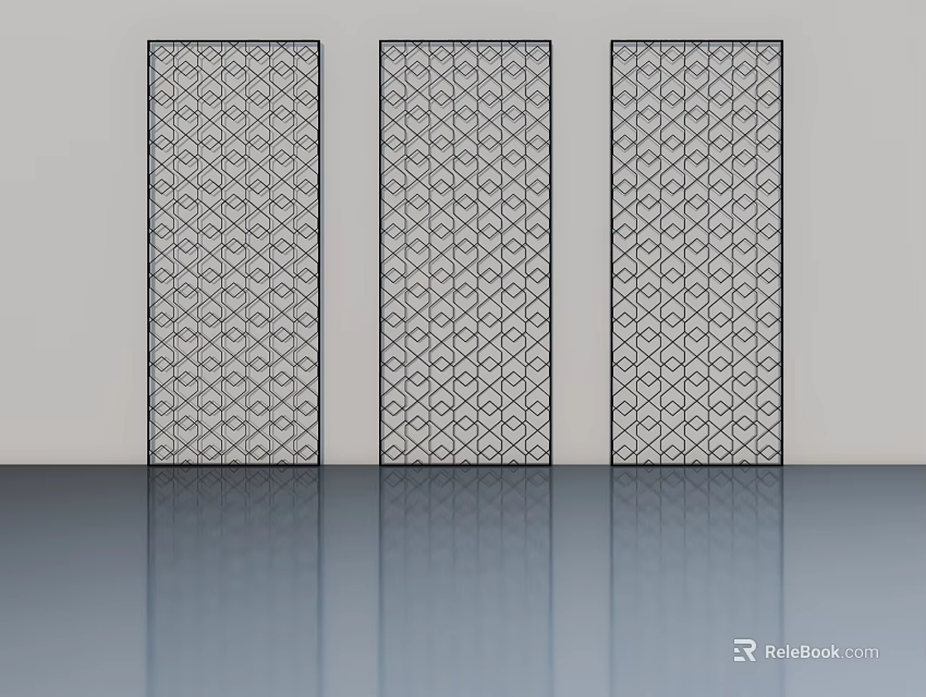 Three Decorative Swing Doors With Geometric Pattern Against Light Wall And Reflective Floor 3d model 