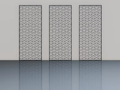Three Decorative Swing Doors With Geometric Pattern Against Light Wall And Reflective Floor 3d model
