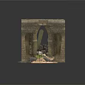Ancient Stone Archway Ruins Featuring Broken Pillar Debris And Small Plants On Sandy Ground